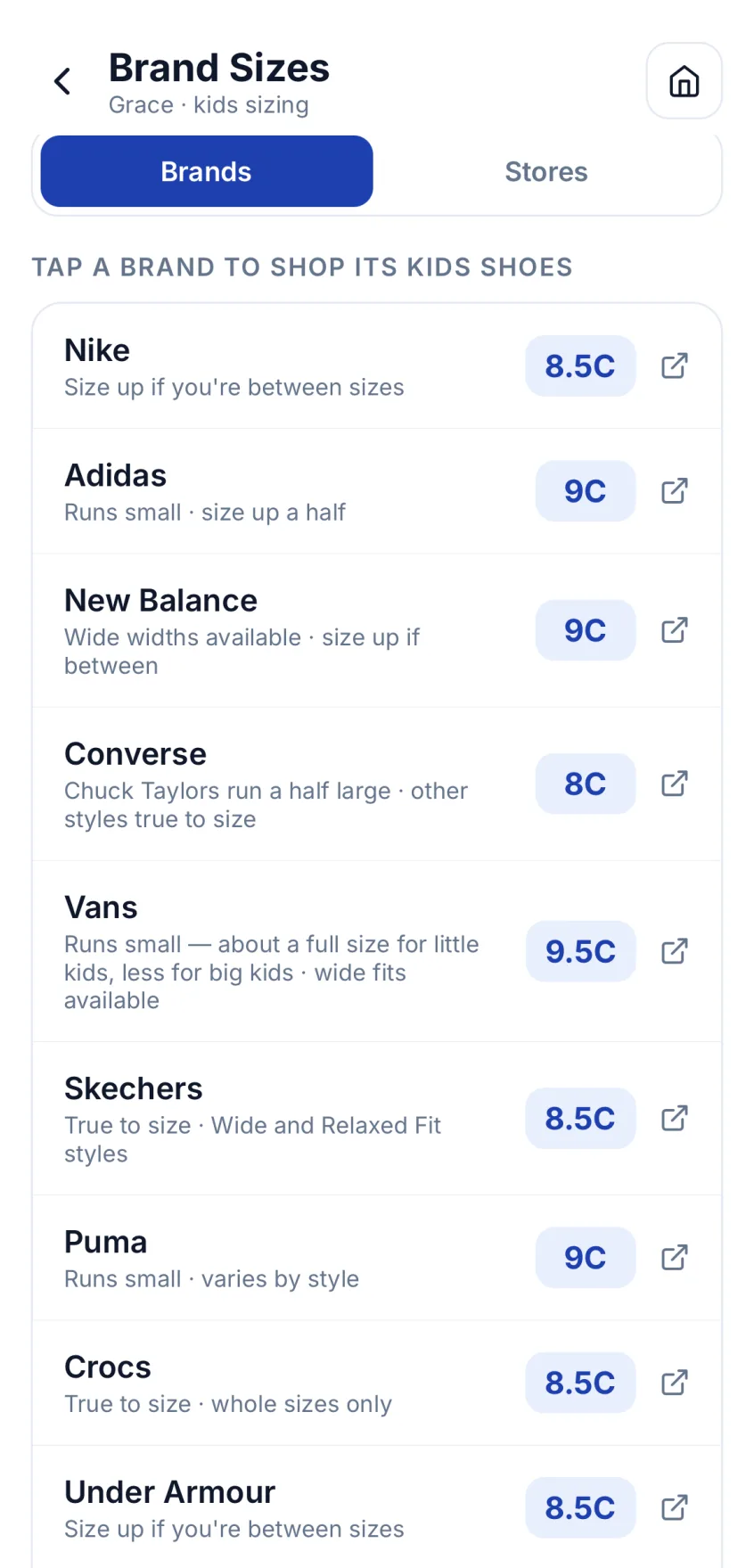 Brand Sizes list: Nike 8.5C, Adidas 9C, New Balance 9C, Converse 8C and Vans 9.5C, each with a note on how the brand runs