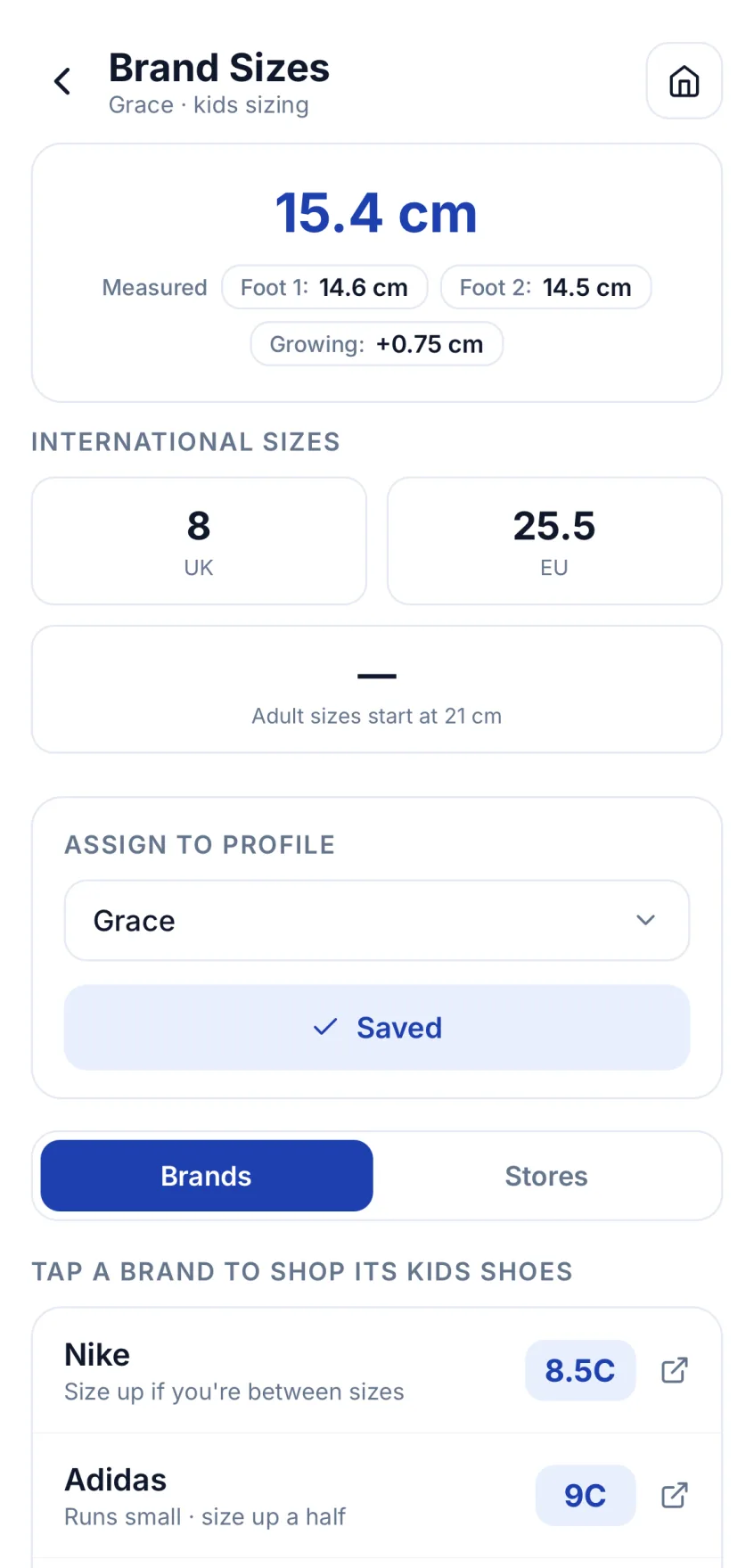 Top of Brand Sizes: a 15.4 cm sizing length with UK 8 and EU 25.5