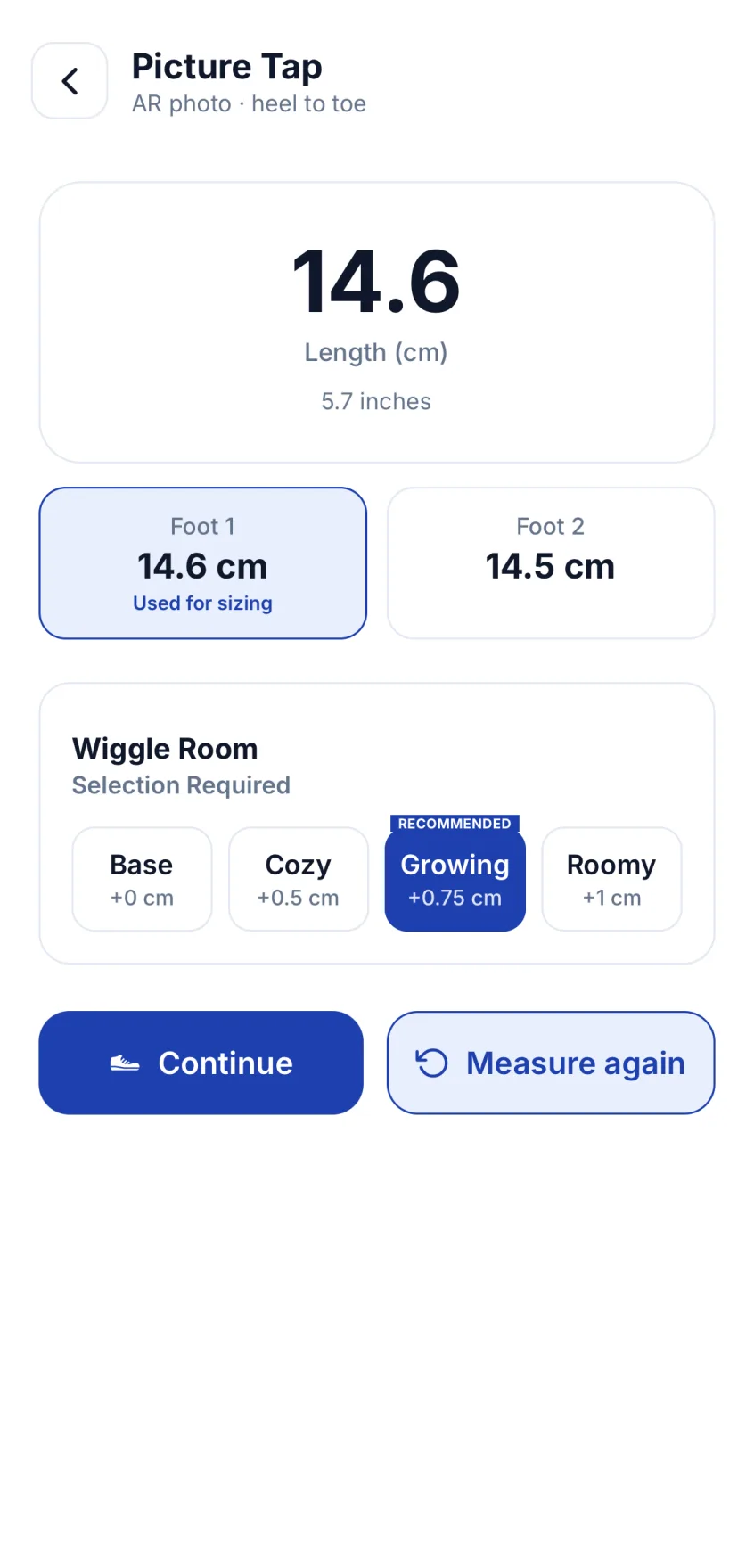 Parsnip result screen: 14.6 cm measured, both feet compared, and a choice of wiggle room with Growing recommended